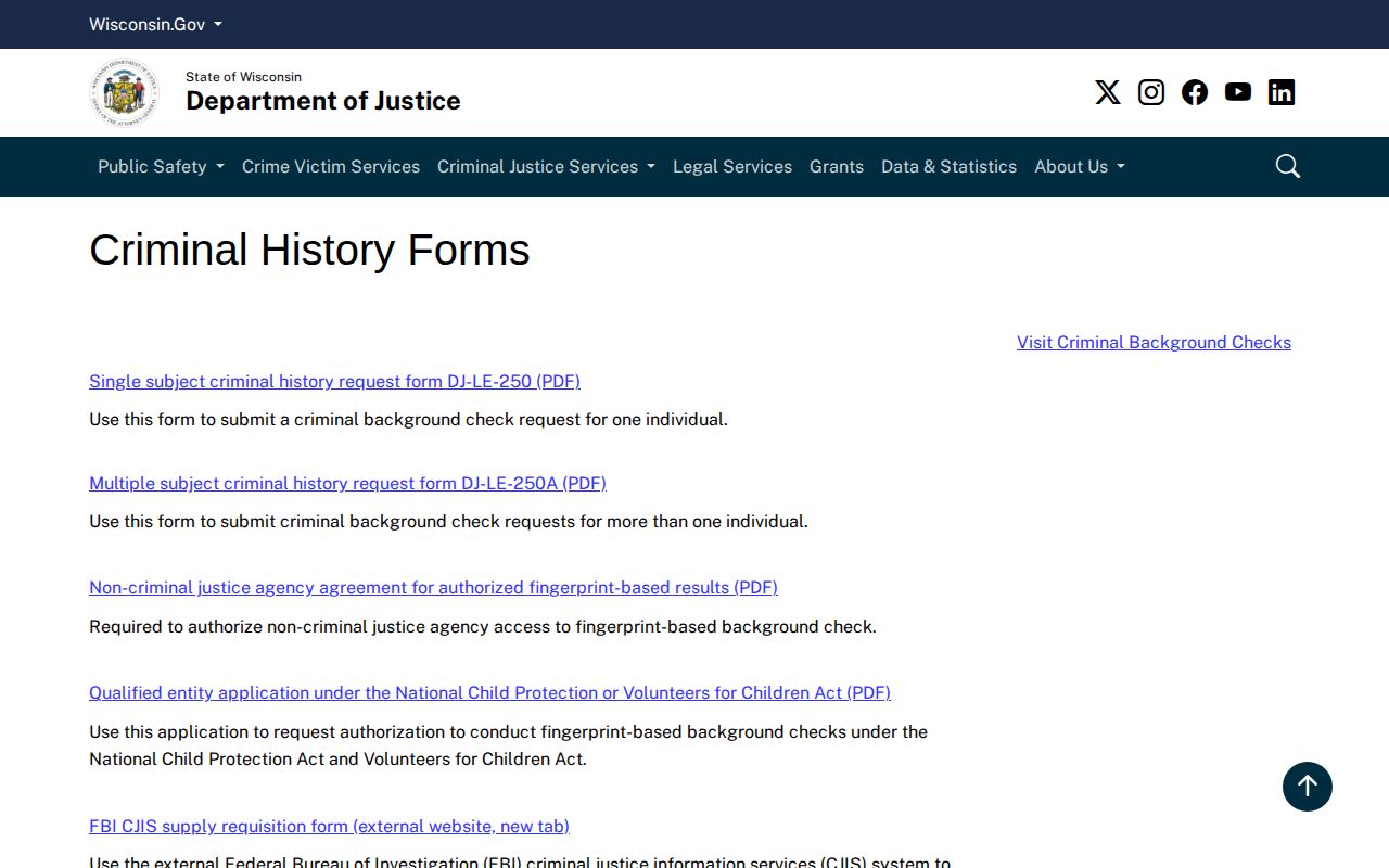 Wisconsin Department of Justice public records information page
